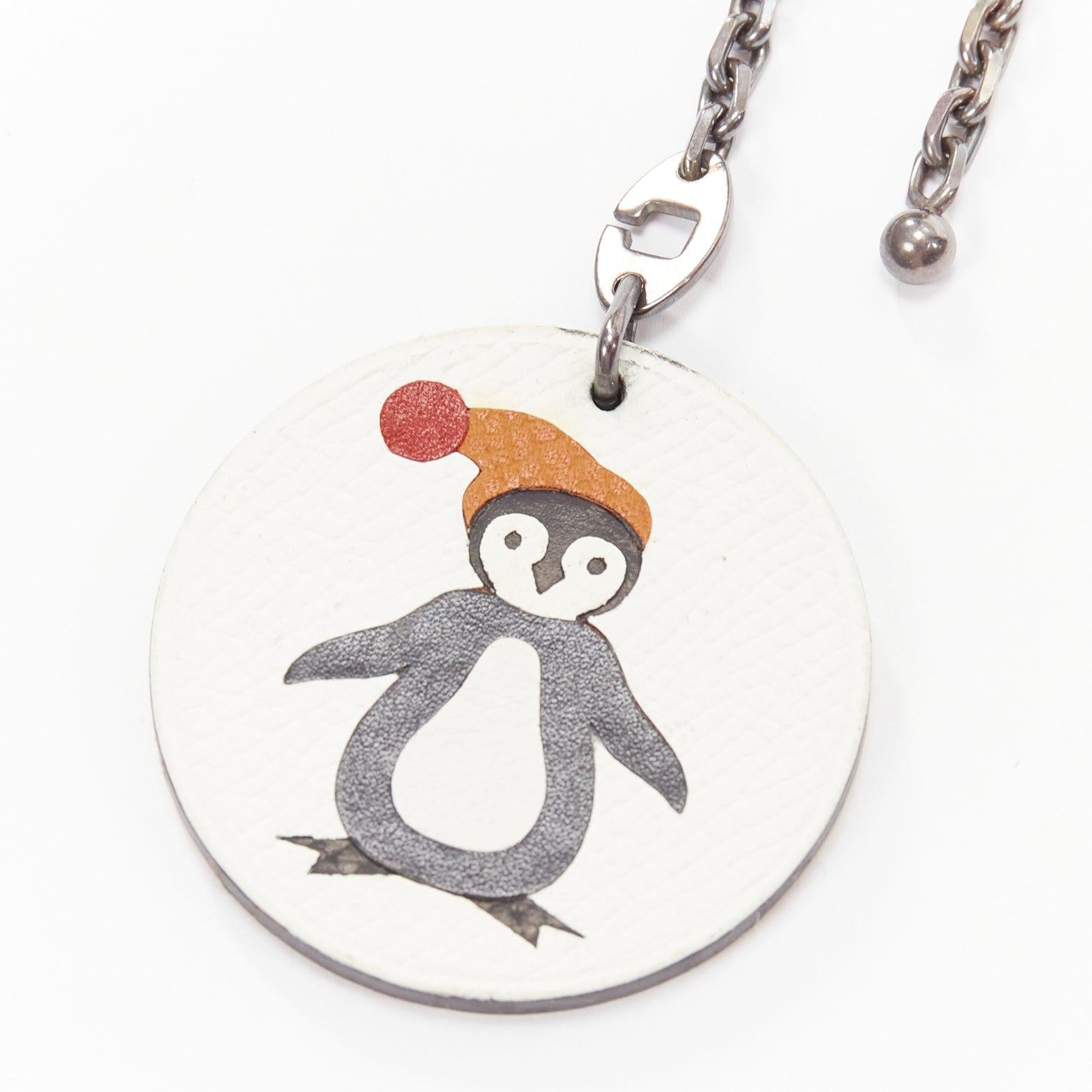 HERMES Penguin white leather black coin ruthenium bag charm In Fair Condition In Hong Kong, NT