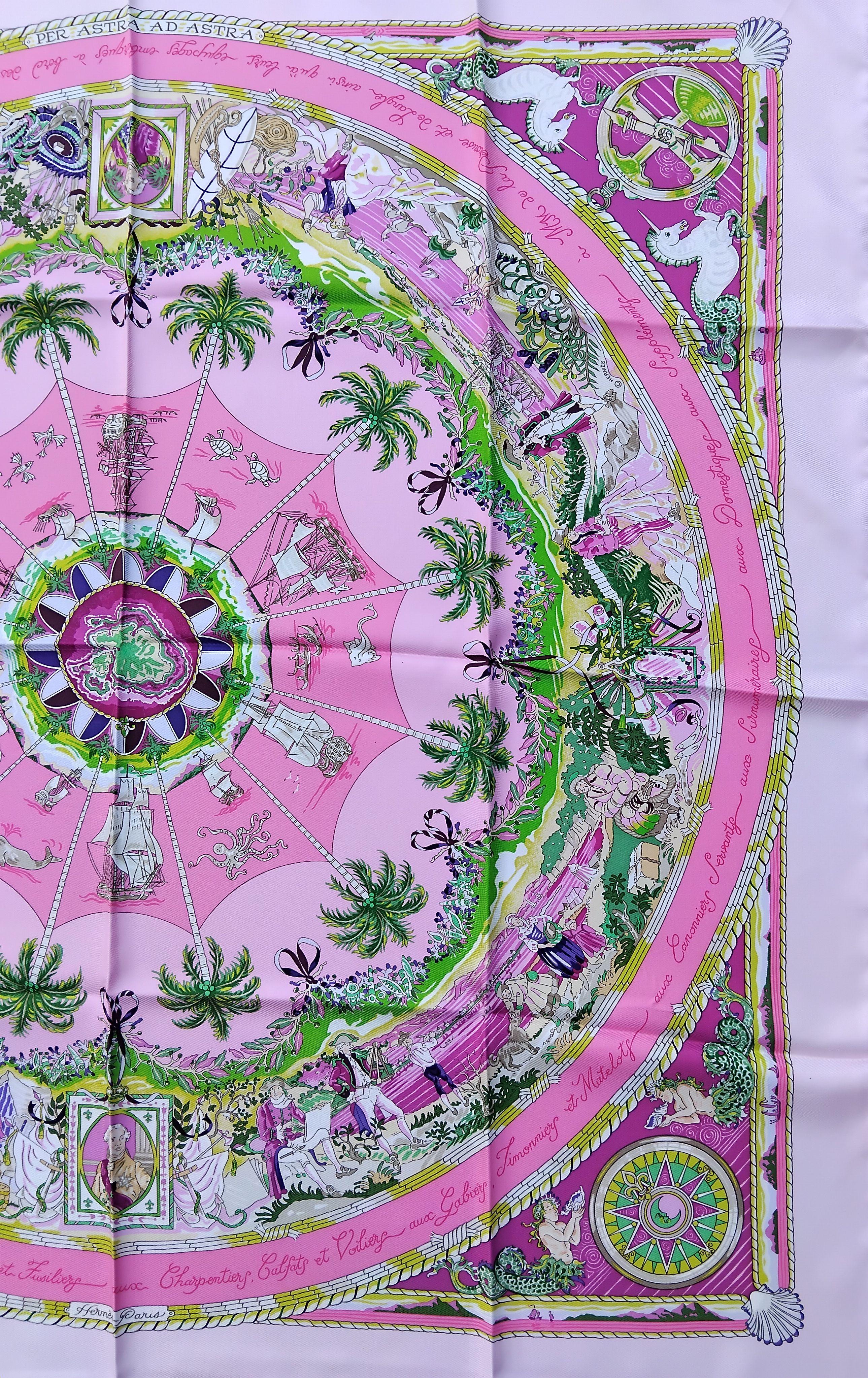 Women's Hermès Per Astra Ad Astra Silk Scarf Pink Green Sandra Laroche 90 cm For Sale