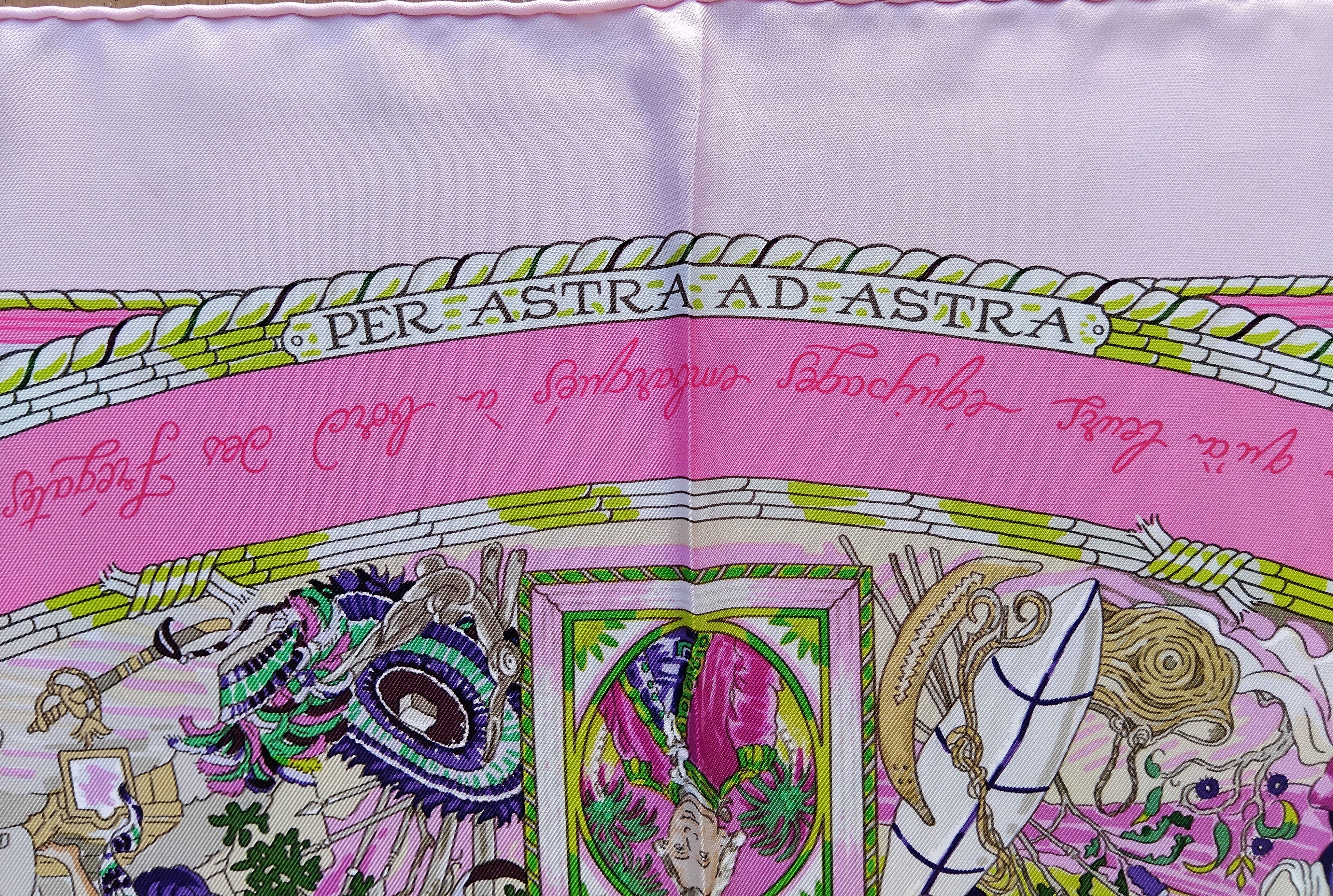 Hermès Per Astra Ad Astra Silk Scarf Pink Green Sandra Laroche 90 cm For Sale 1