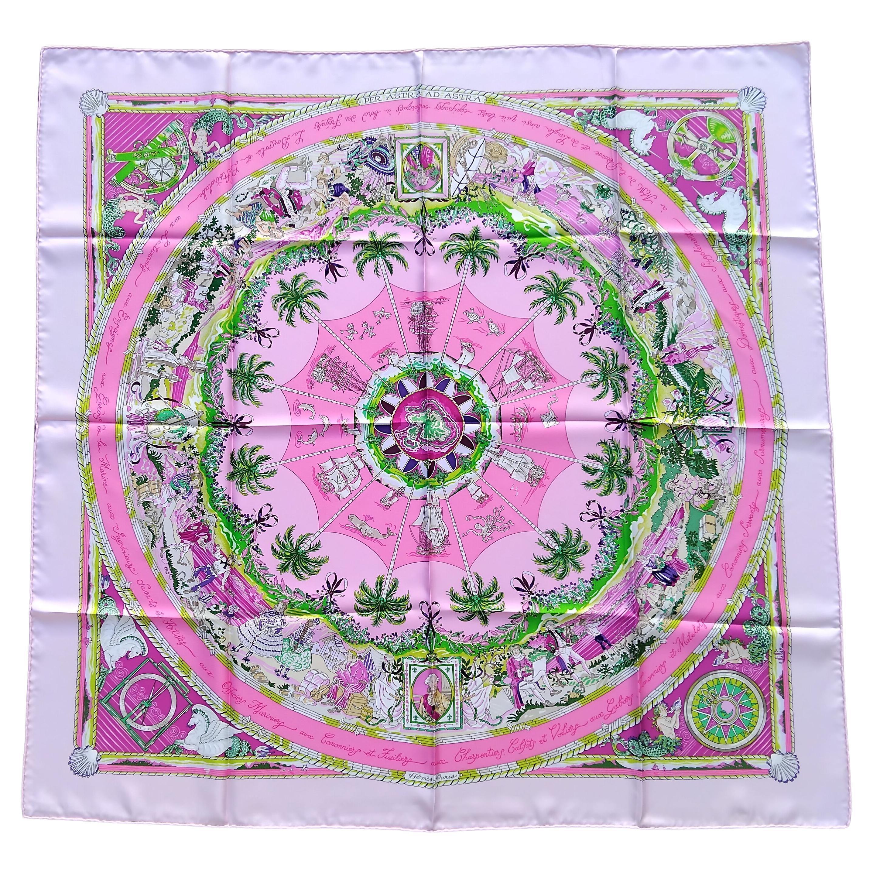 Hermès Per Astra Ad Astra Silk Scarf Pink Green Sandra Laroche 90 cm