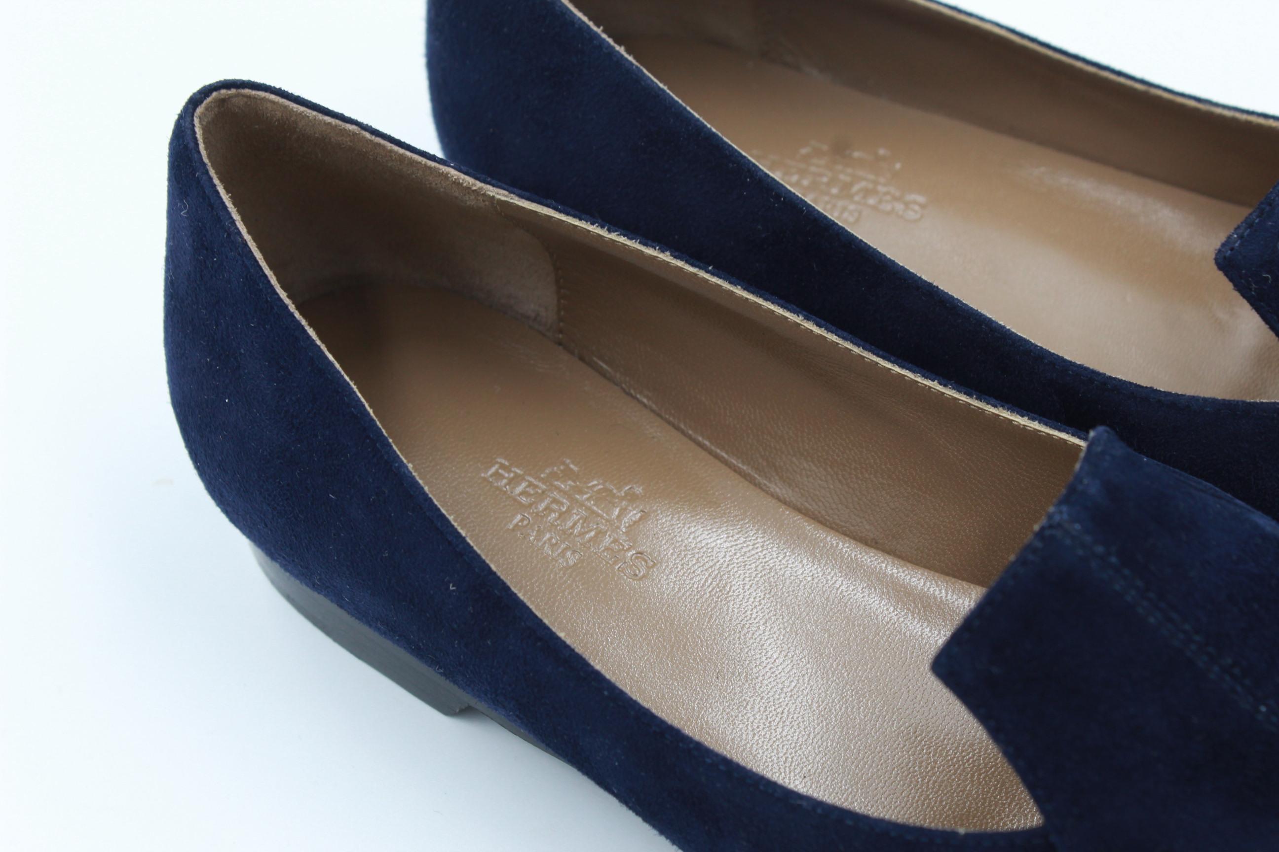 Hermès perfect moccasin in dark blue velvet leather _ size 35 In Fair Condition For Sale In Paris, FR