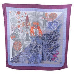 HERMES periwinkle cashmere silk LES LEGENDES DE L'ARBRE 90 Scarf 