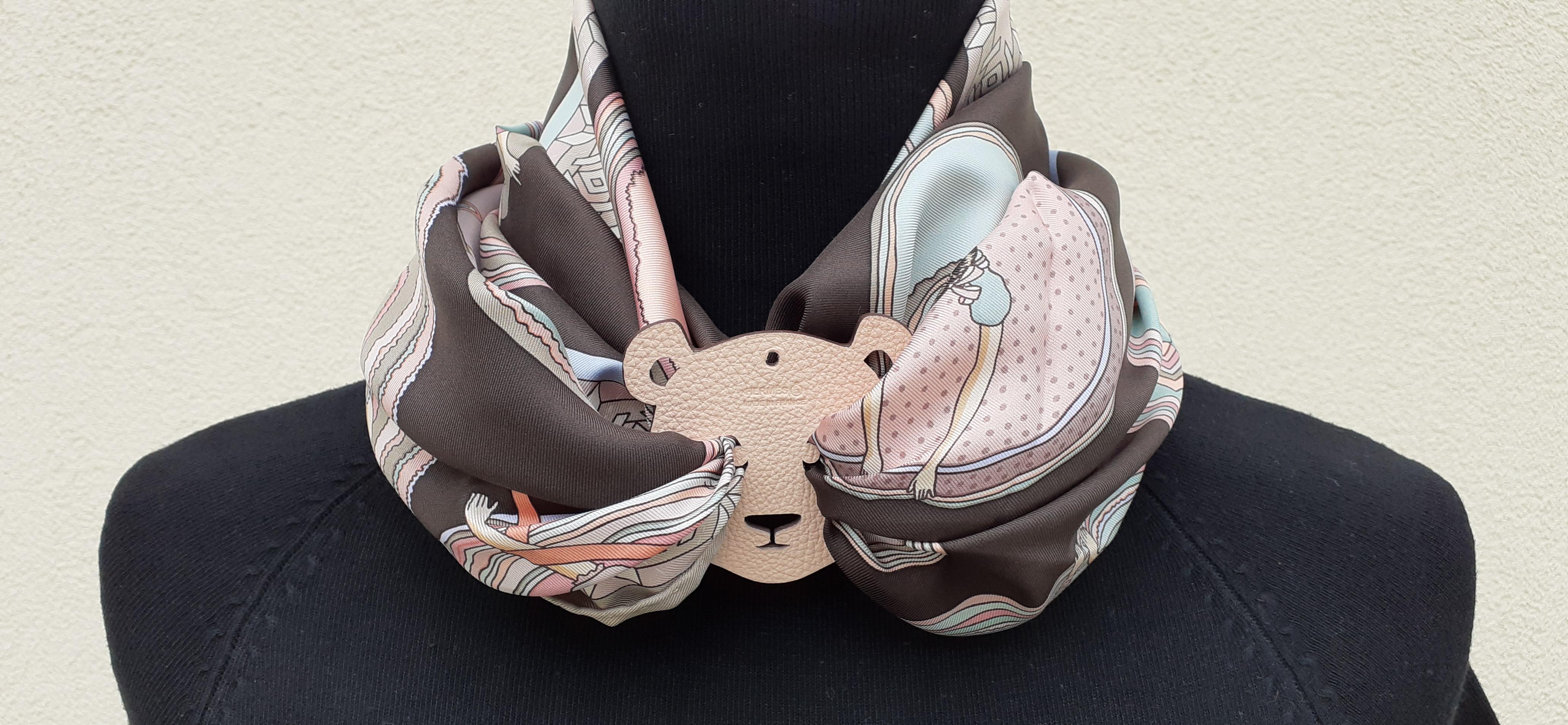 Women's Hermès Petit H Bag or Shoe Charm Scarf Ring Panda Head Bicolor Ling Pink Brown 