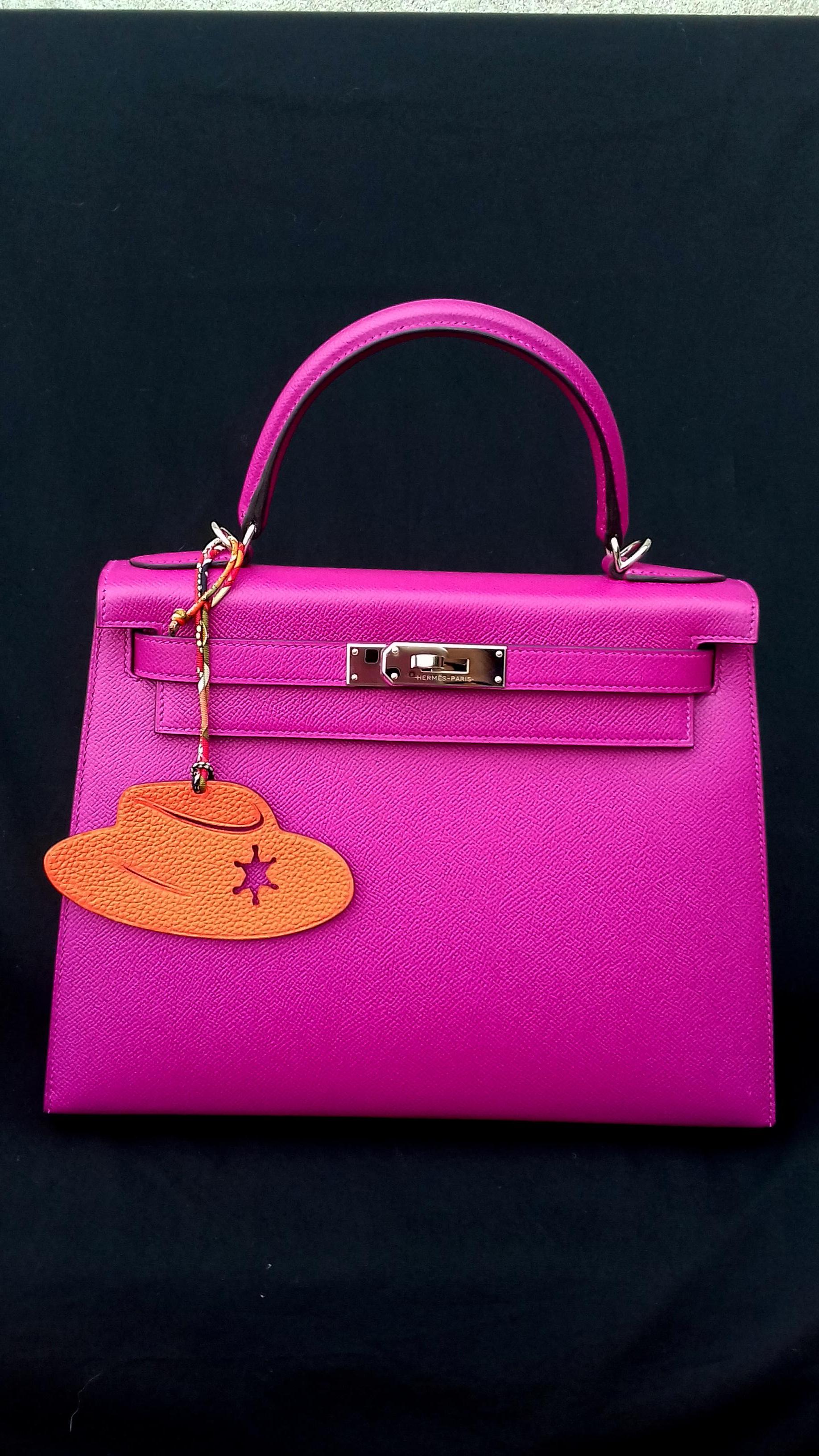 Women's Hermès Petit H Kelly Birkin Leather Charm Sheriff Hat Texas Pink Orange