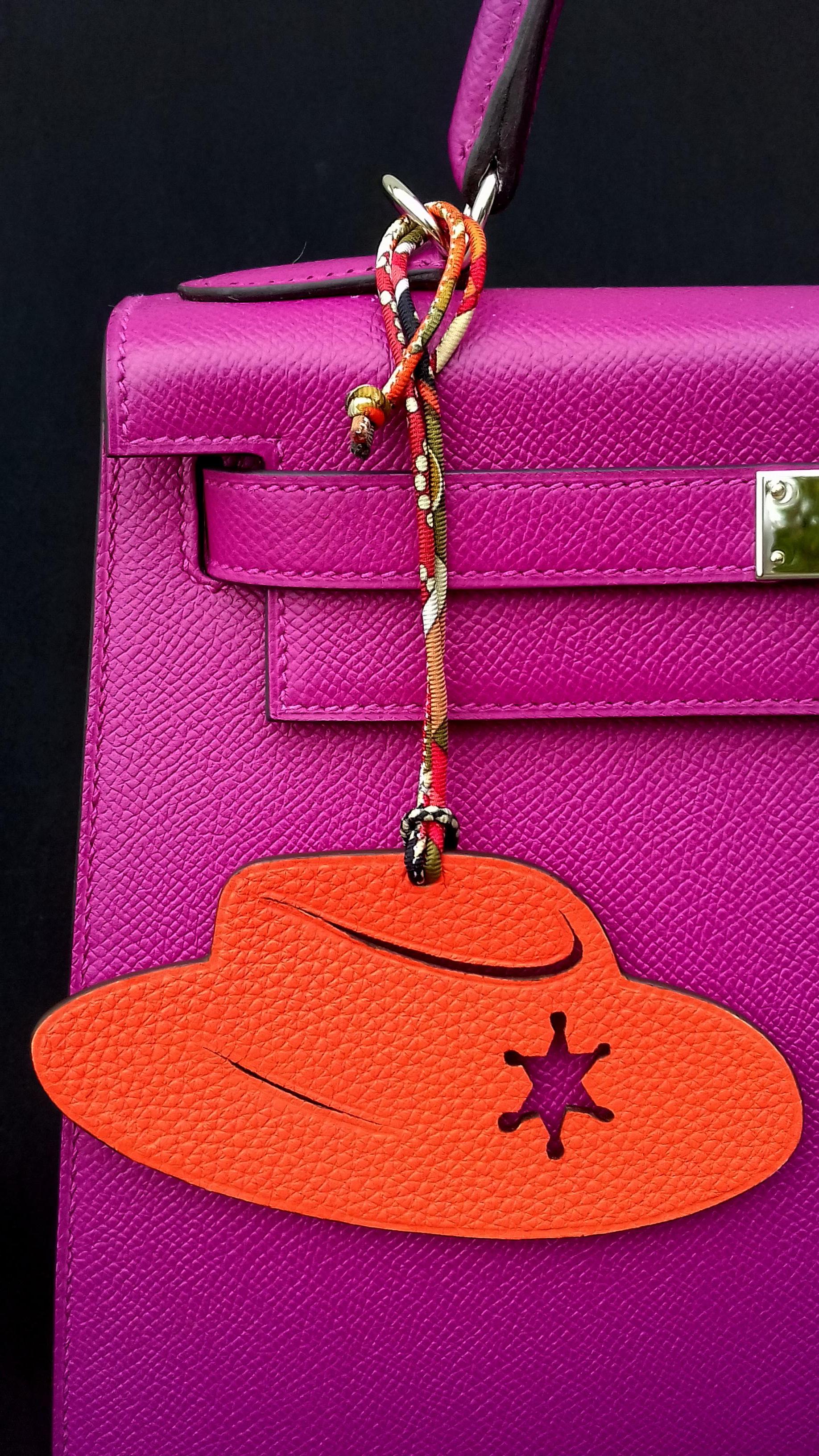 Hermès Petit H Kelly Birkin Leather Charm Sheriff Hat Texas Pink Orange 2