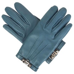 HERMES petrol blue leather cashmere line COLLIER DE CHIEN Gloves 8