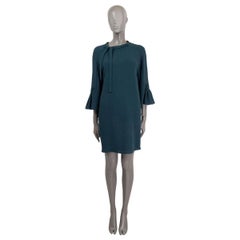 HERMES petrol blue wool PUSSY BOW BELL SLEEVE Shift Dress 36 XS