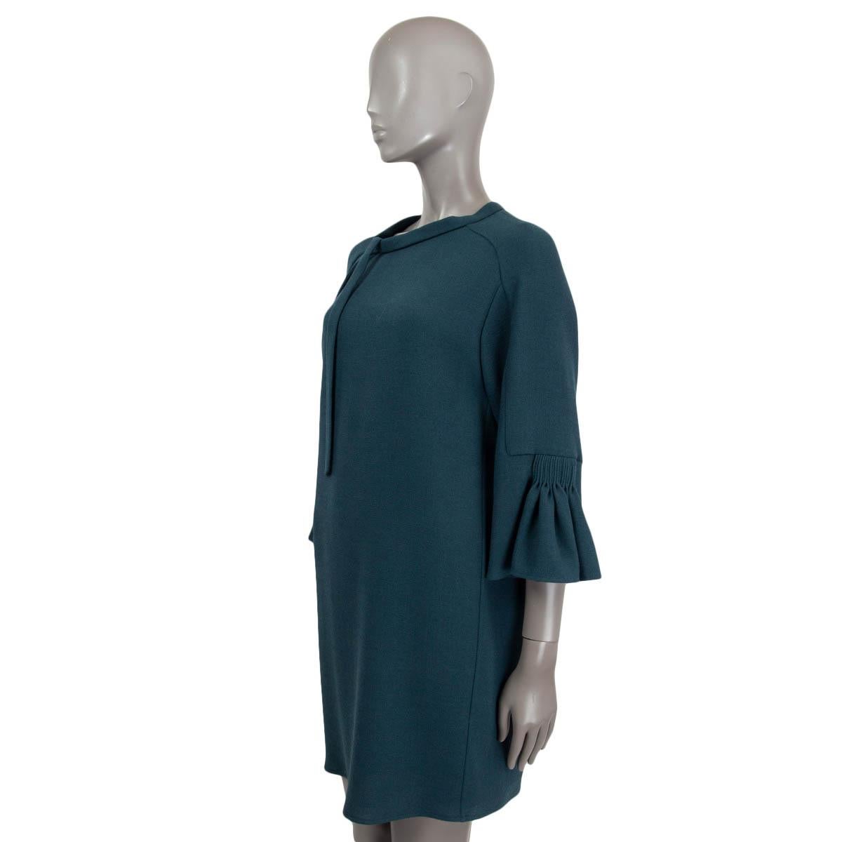 HERMES petrol blue wool PUSSY BOW BELL SLEEVE Shift Dress 36 XS In Excellent Condition For Sale In Zürich, CH