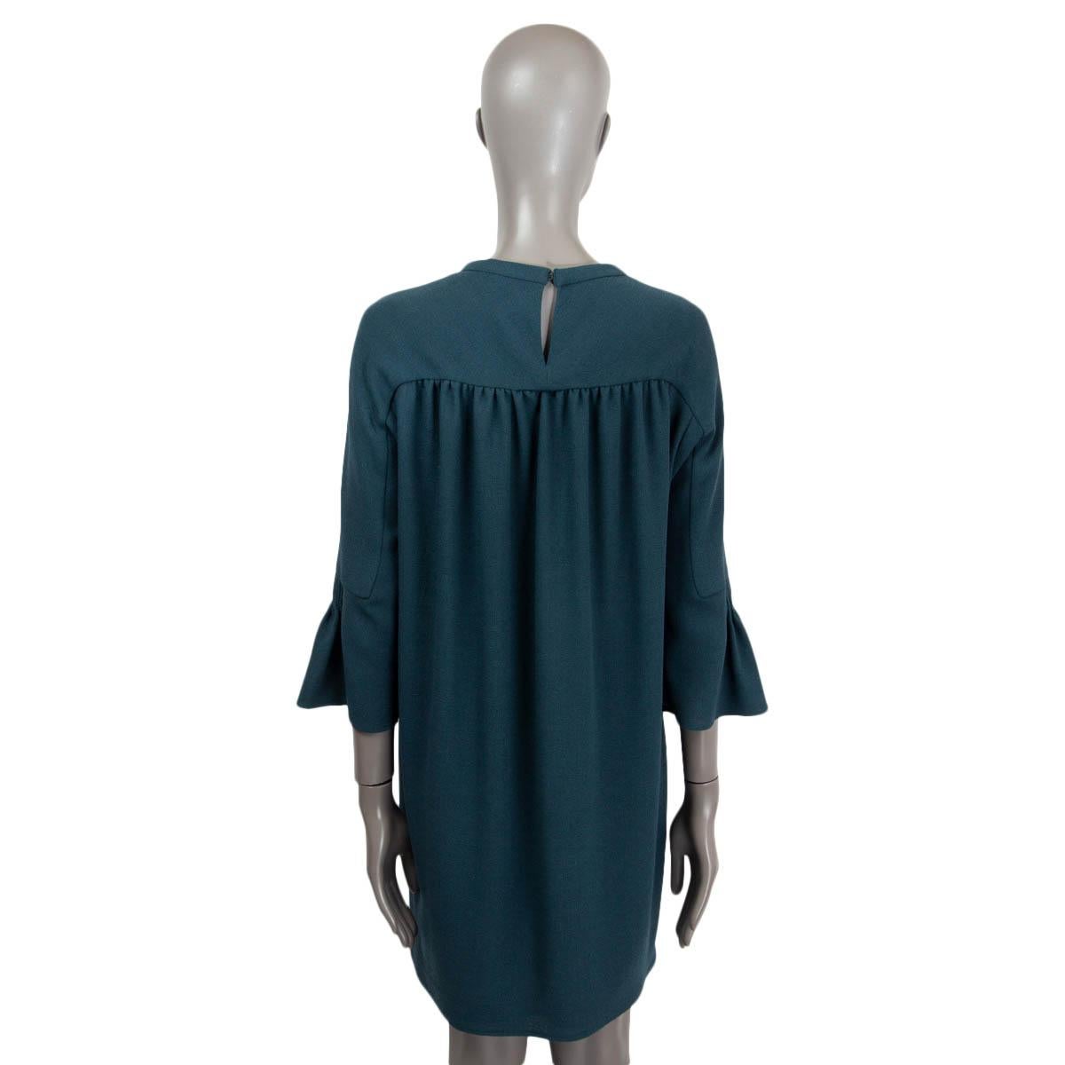Women's HERMES petrol blue wool PUSSY BOW BELL SLEEVE Shift Dress 36 XS For Sale