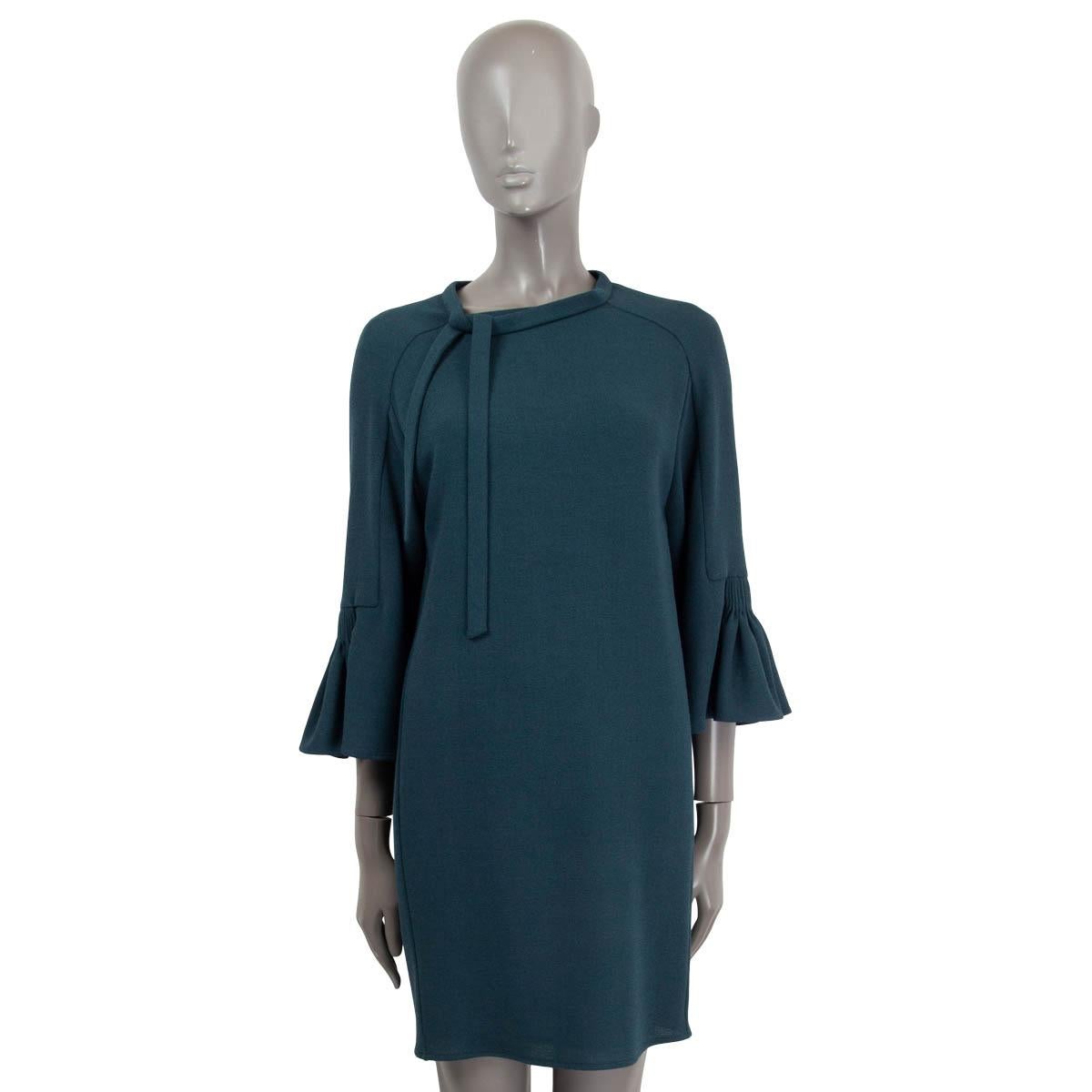 HERMES petrol blue wool PUSSY BOW BELL SLEEVE Shift Dress 36 XS For Sale