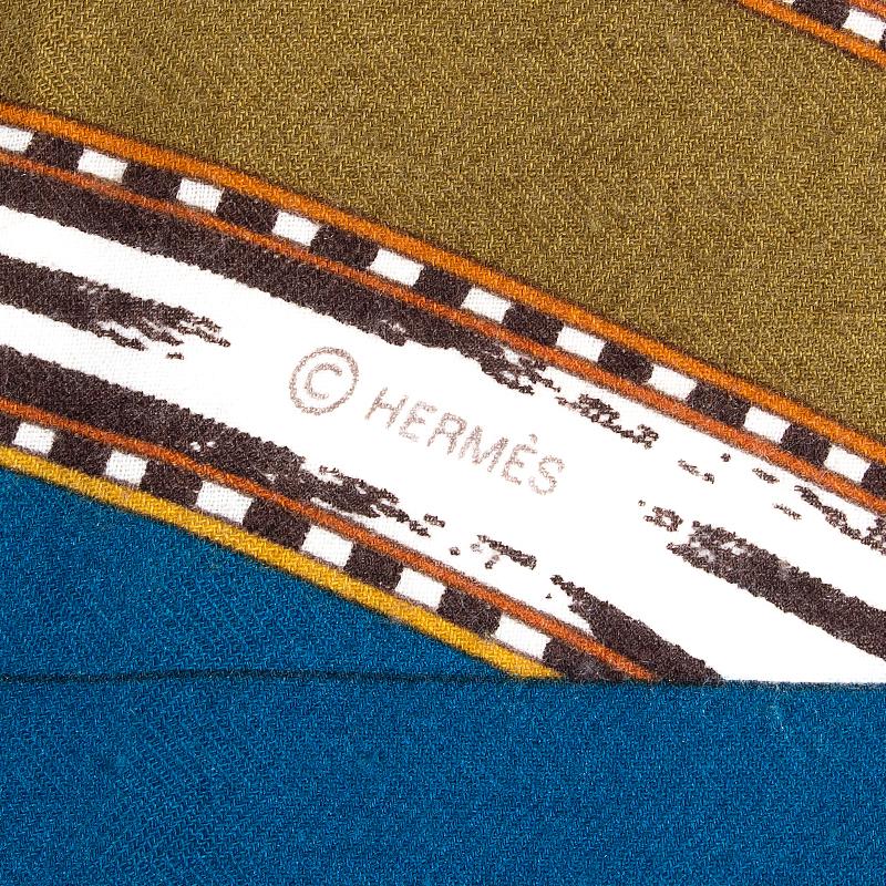 Black HERMES petrol COUPONS INDIENS 140 cashmere silk Shawl Scarf