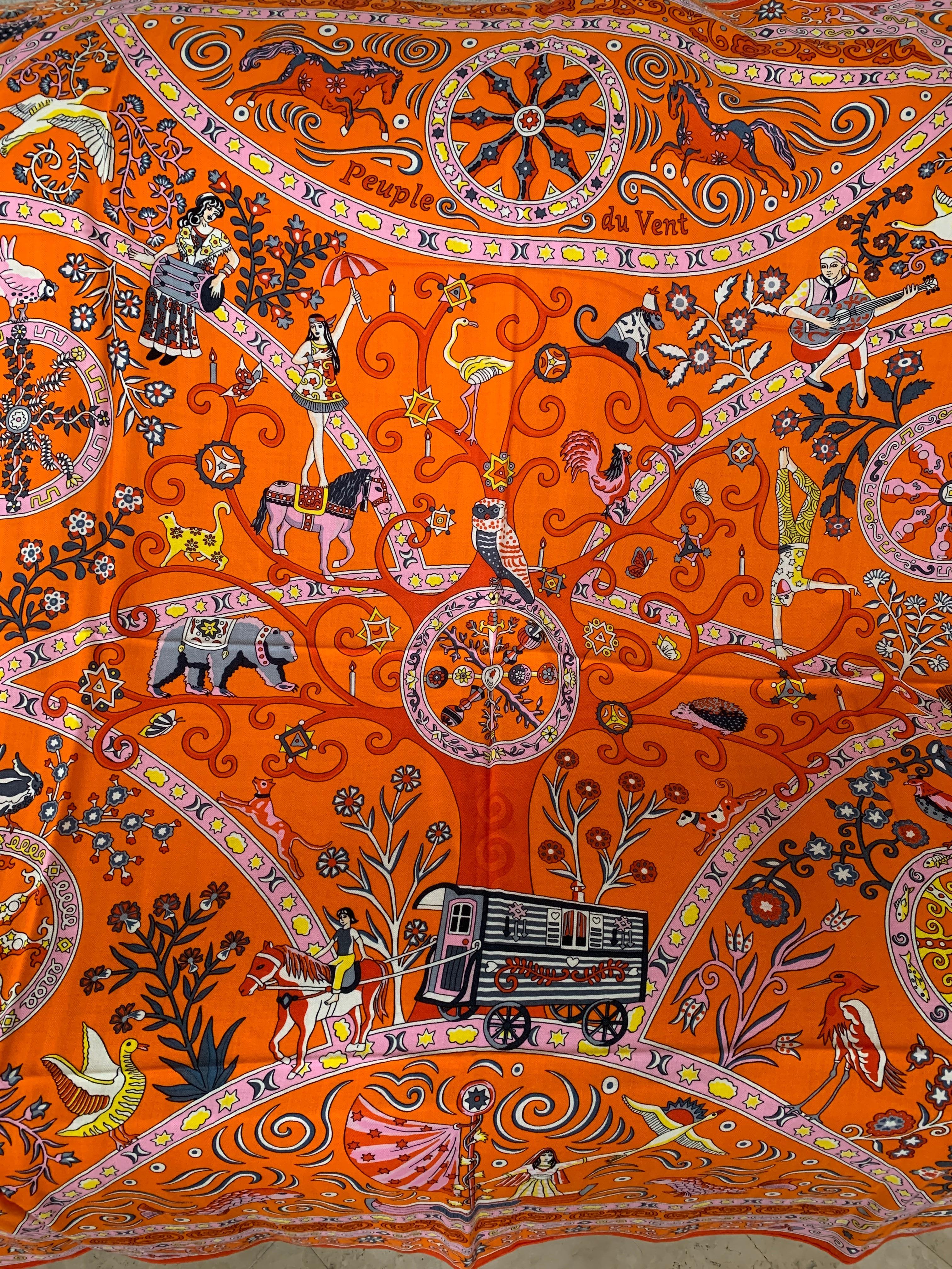 Orange Hermes Peuple du Vent shawl 140 Cashmere Shawl Scarf