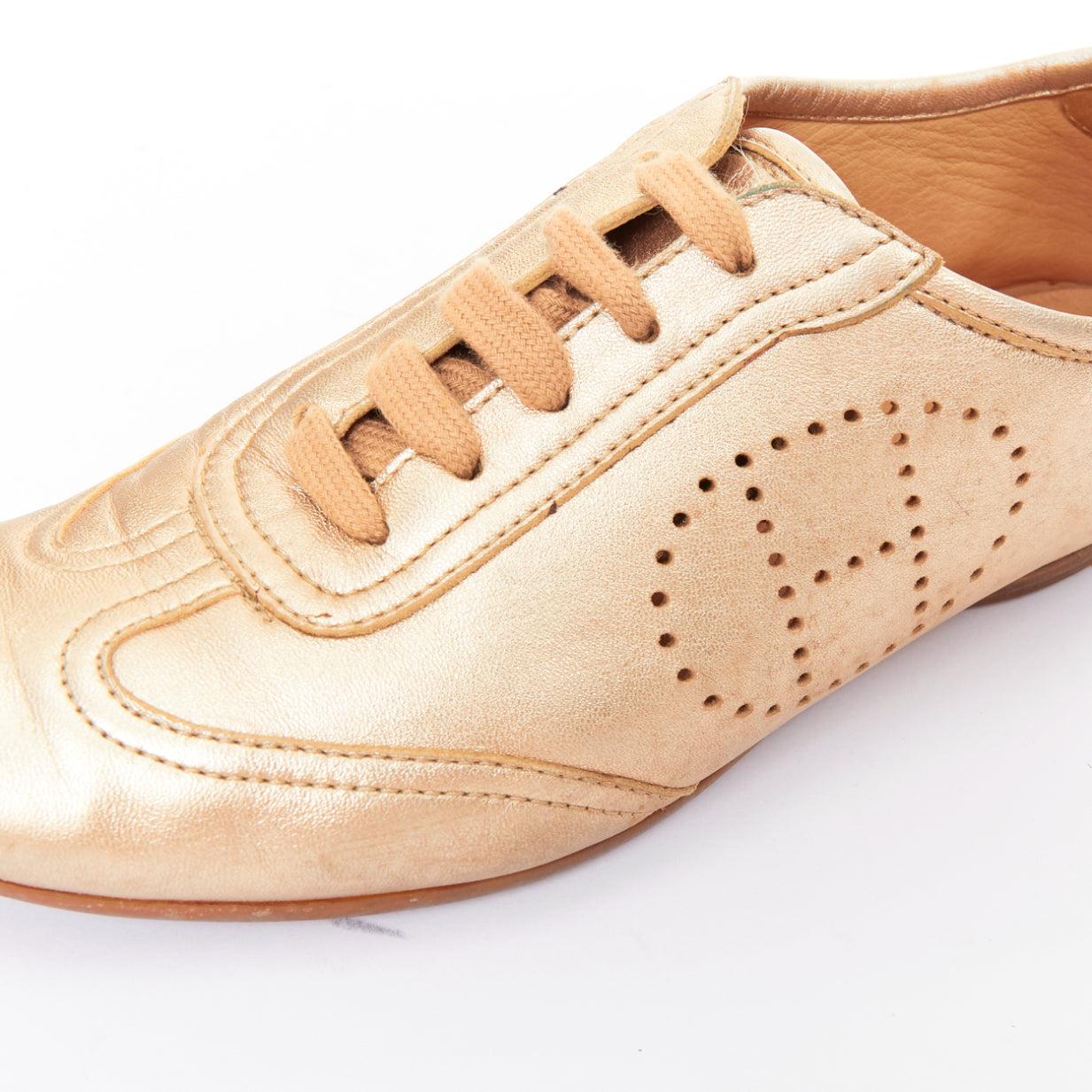 HERMES Pewter gold metallic perforated H leather laced flat sneakers EU37 im Angebot 2