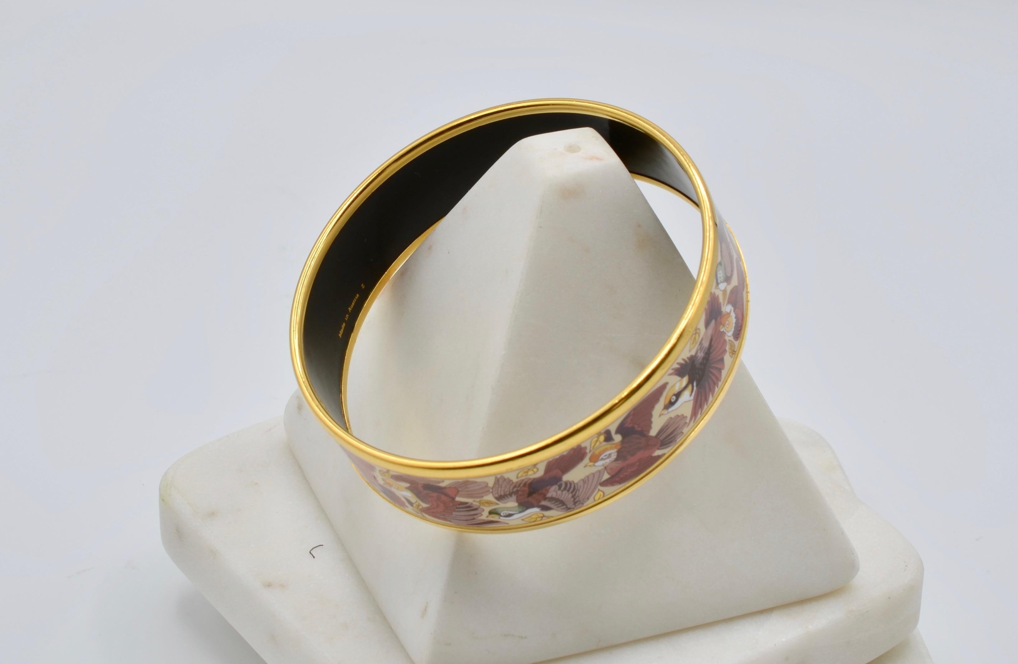 Modernist Hermes Pheasant Motif Enamel and Gold Bangle