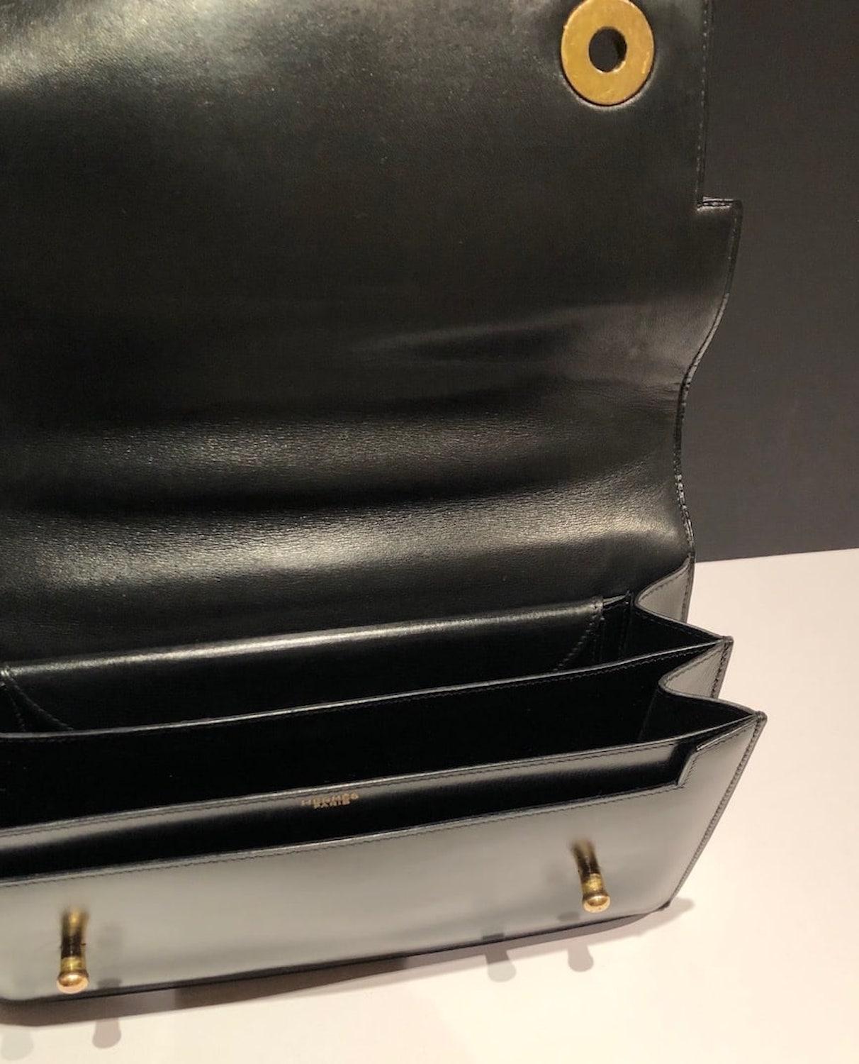HERMÈS Piano Handbag Black Box Leather Vintage Circa 1960s W/Box 8