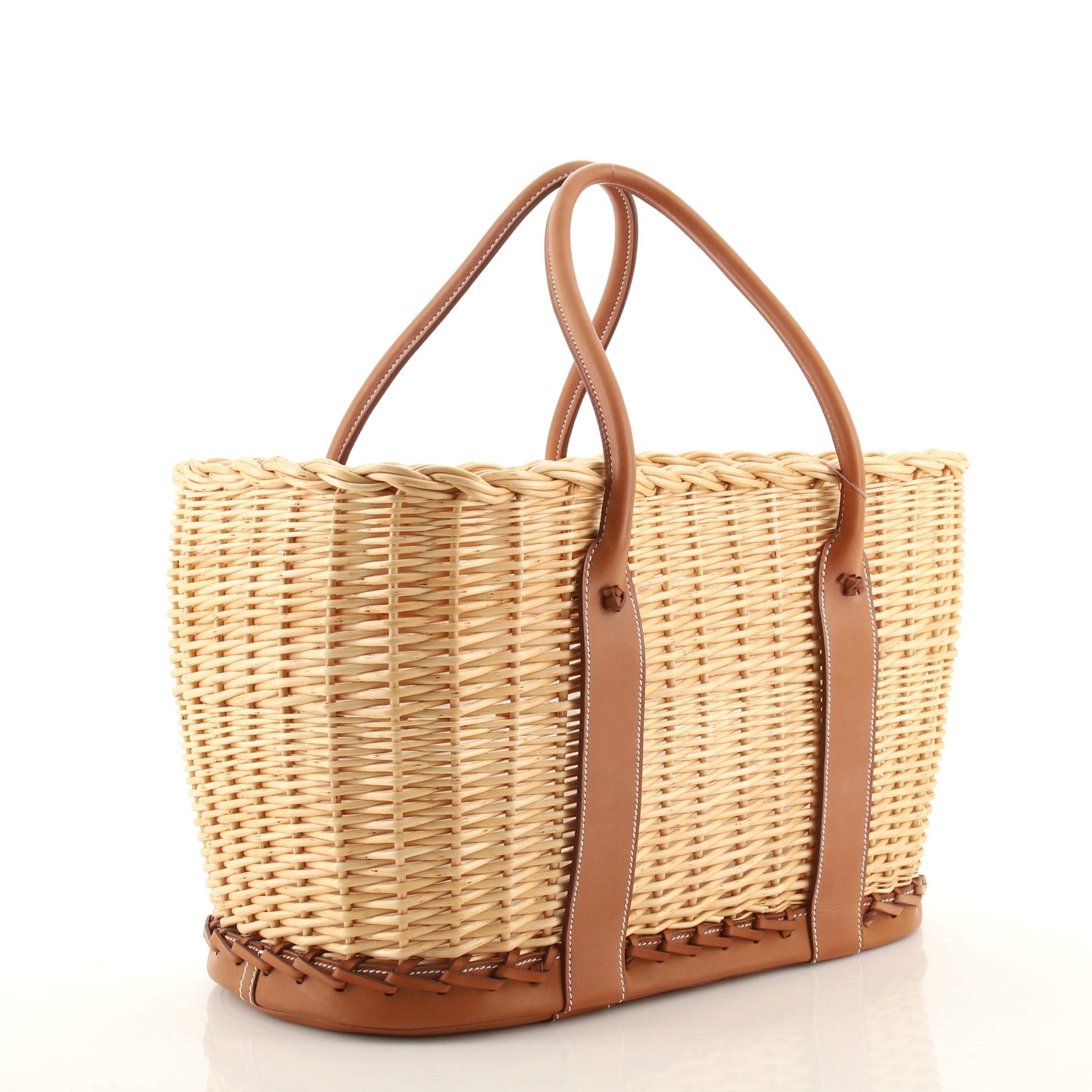 Brown Hermes Picnic Garden Party Tote Wicker and Leather