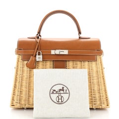 Hermes Picnic Kelly Handbag Brown Barenia and Wicker with Palladium Hardware 35