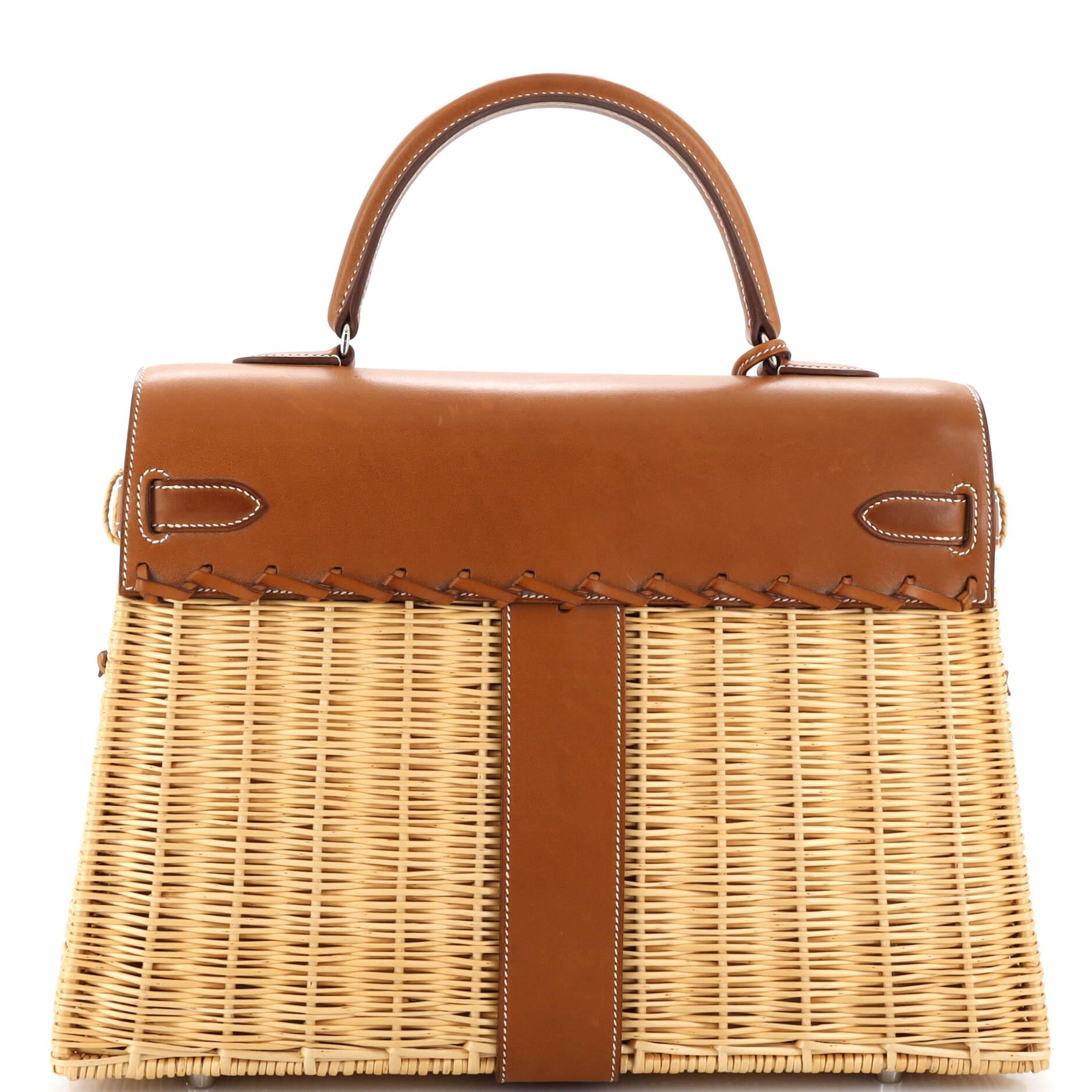 Hermes Picnic Kelly Handbag Brown Barenia and Wicker with Palladium Hardware 35 In Good Condition For Sale In NY, NY
