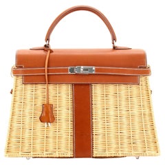 Hermès Sac à main Kelly Picnic en osier et barenia marron avec finitions métalliques en palladium 35