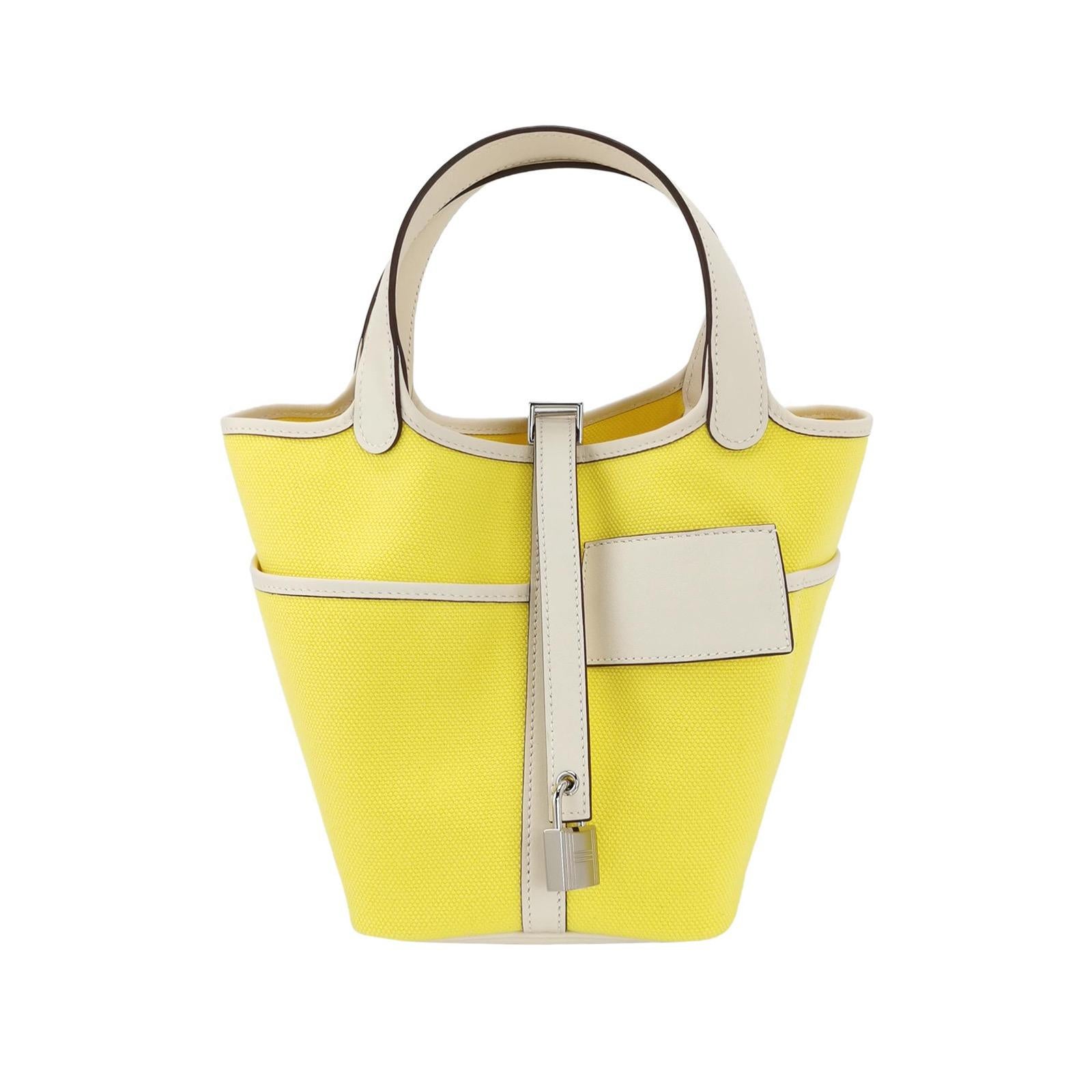 Hermes Picotin 18 Cargo Lock Pocket 18 Lemon Yellow Swift in pelle e tela PHW