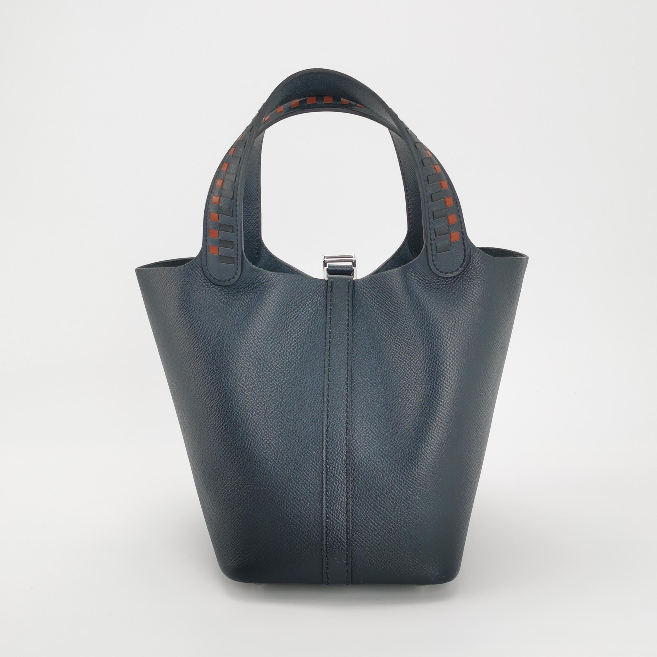 Nero Hermes Picotin 18 Manici Intrecciato Pelle Epsom Midnight Navy PHW in vendita