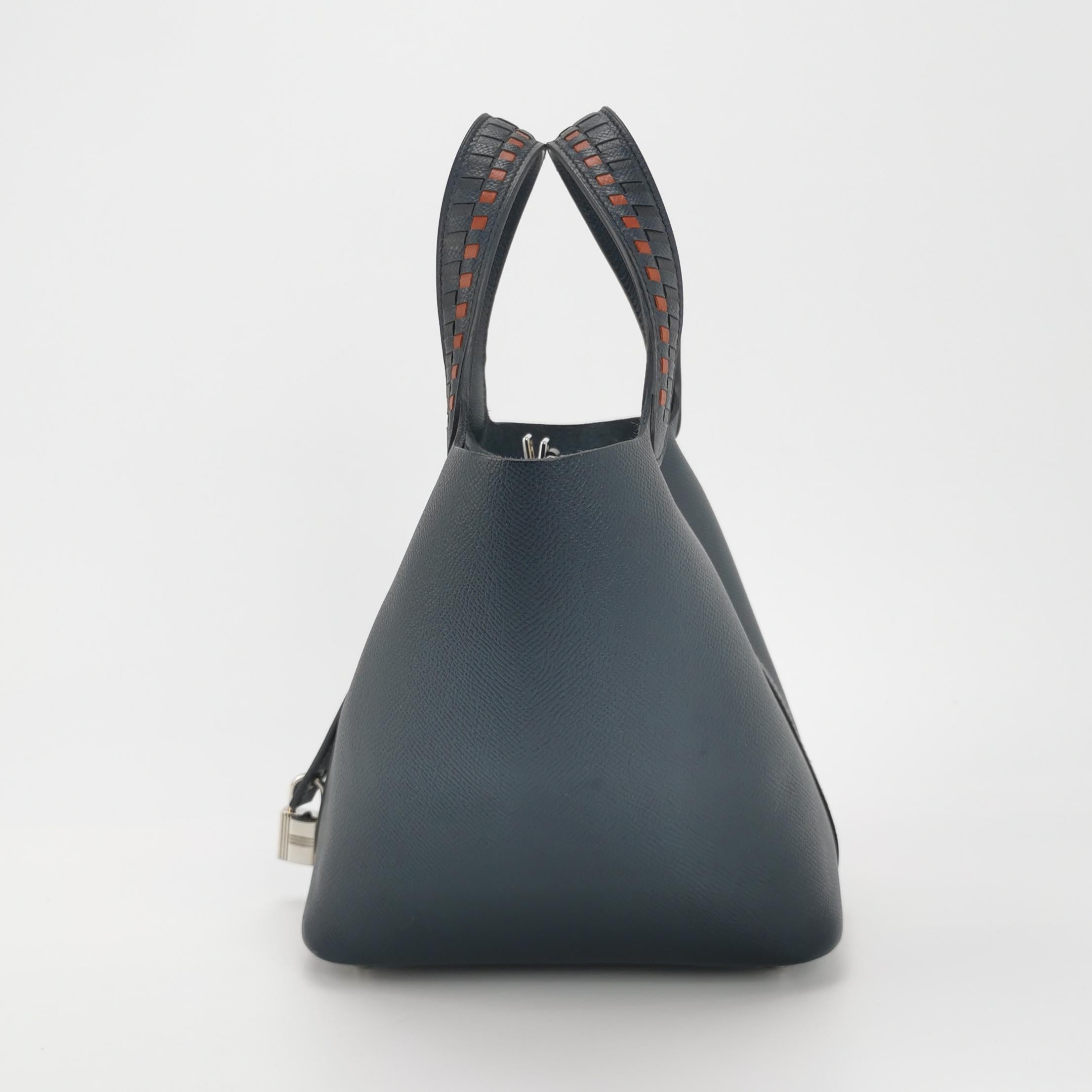 Donna Hermes Picotin 18 Manici Intrecciato Pelle Epsom Midnight Navy PHW in vendita