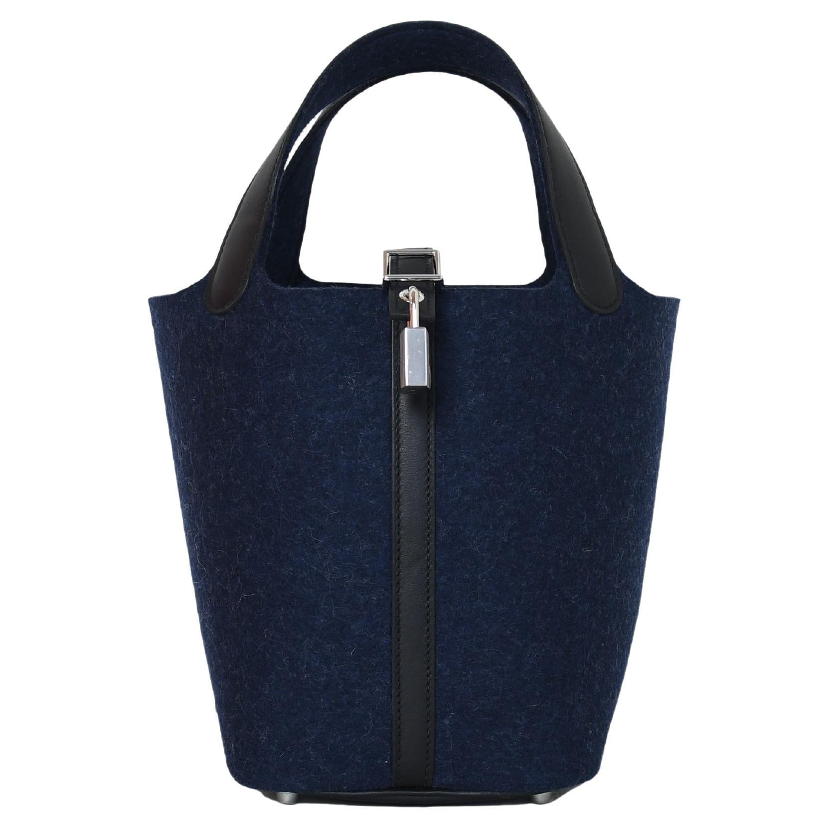 Hermes Picotin 18 Lock Bag Palladium Hardware Black Fur Blue For Sale