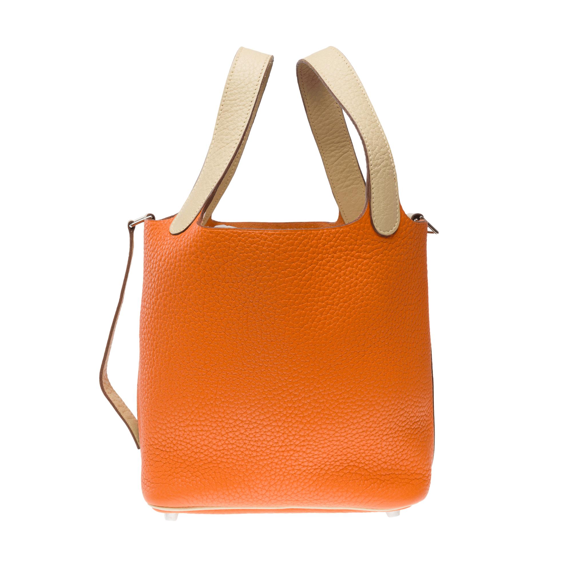 Hermès Picotin 18 lock in Orange and Parchemin Taurillon leather , PHW In Good Condition For Sale In Paris, IDF