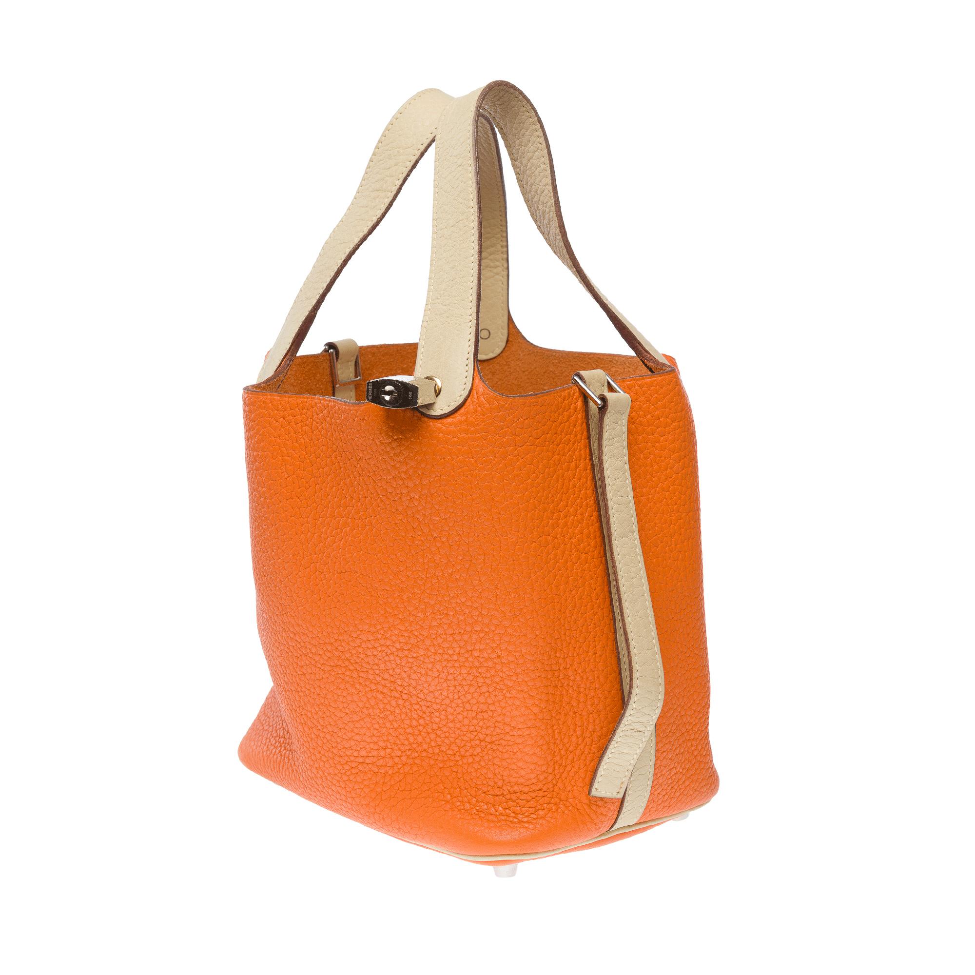 Women's Hermès Picotin 18 lock in Orange and Parchemin Taurillon leather , PHW For Sale