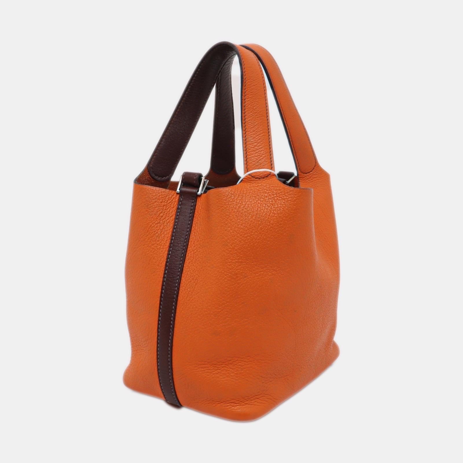 Hermes Picotin 18 Orange Brown Strap Clemence Taurillon Leather 2003 In Good Condition In AUBERVILLIERS, FR