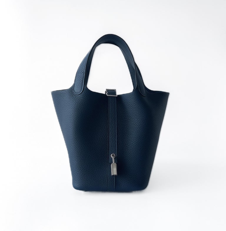 Hermes Picotin Bag 18 In Bleu de Prusse, Clemence Leather