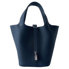 Hermes Picotin Bag 18 In Bleu de Prusse, Clemence Leather, Palladium Hardware