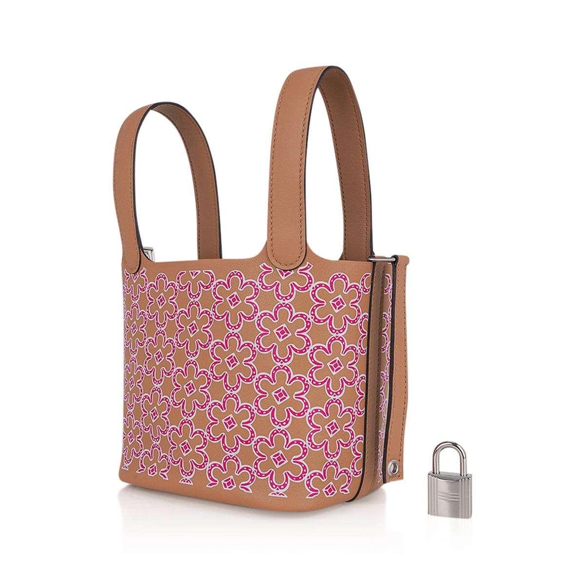 Marrone Hermes Picotin Lock 14 Micro Lucky Daisy Borsa Chai / Rose Palladium Hardware in vendita