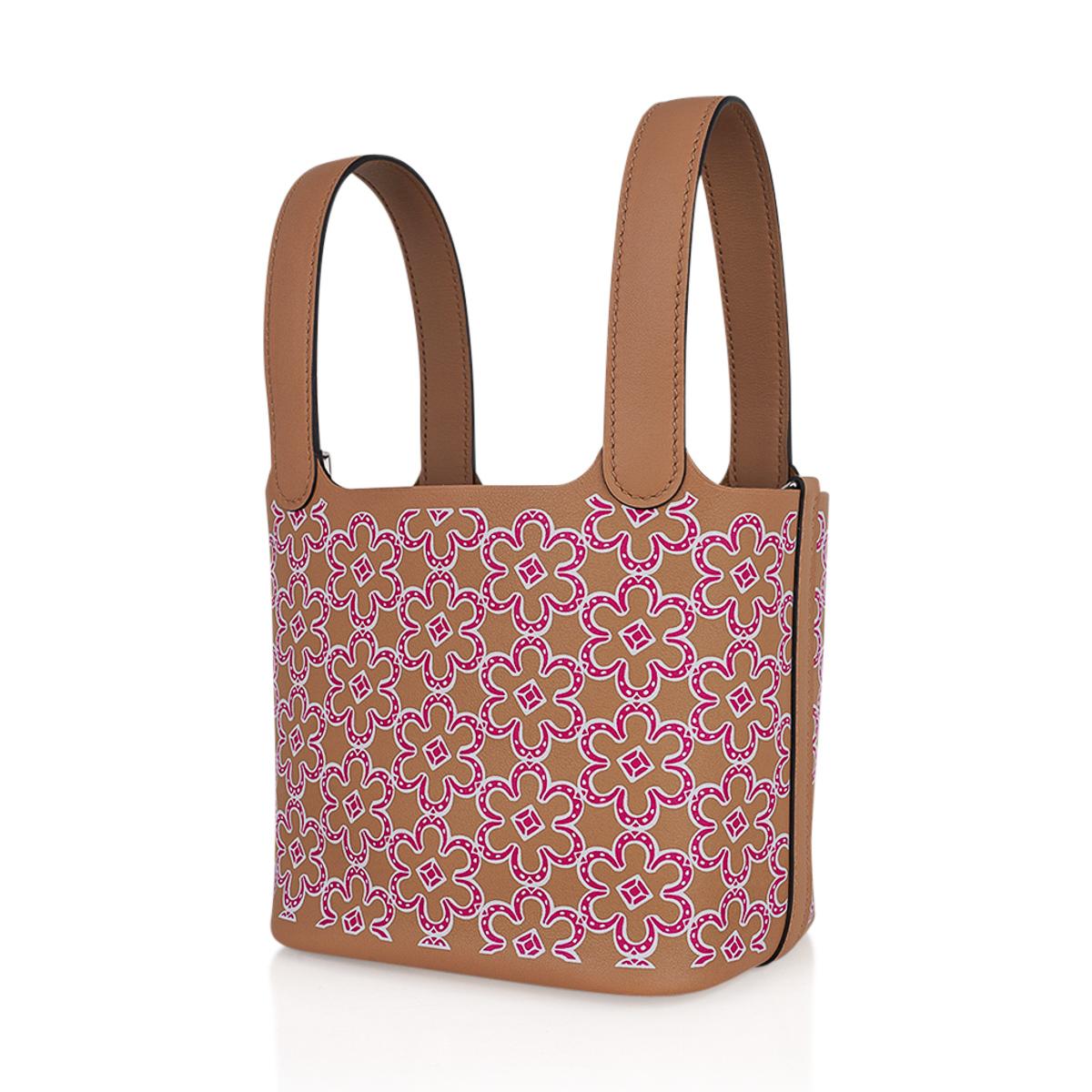 Donna Hermes Picotin Lock 14 Micro Lucky Daisy Borsa Chai / Rose Palladium Hardware in vendita