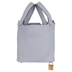Bolso Hermes Picotin Lock 18 Azul Pálido Tote Herrajes Dorados Clemence Piel