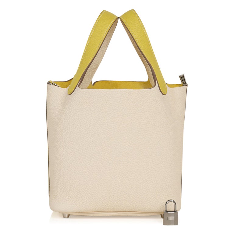 Hermes Picotin Lock 18 Casaque Bag Lime Nata Bi Color Tote Clemence Palladium For Sale At 1stdibs