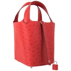 Hermes Picotin Lock 18 Sac Rouge Exotique Ostrich Tote Palladium Hardware nwt