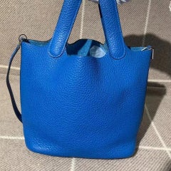Hermes Picotin Lock 18 PM Blue Clemence Leather PHW Silver Hardware Stamp Y