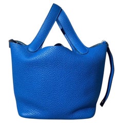 Hermes Picotin Lock 18 PM Blue Clemence Leather PHW Silver Hardware Stamp Y