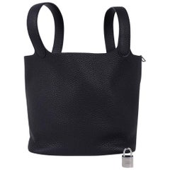 Hermès - Sac fourre-tout Picotin Lock 22 noir en cuir Clemence avec accessoires en palladium