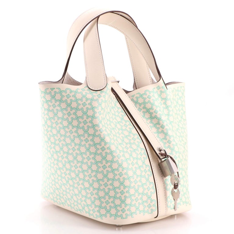 HERMES Swift Leather Picotin Lucky Daisy PM Silver Button Handle Bag Nata  White/Green