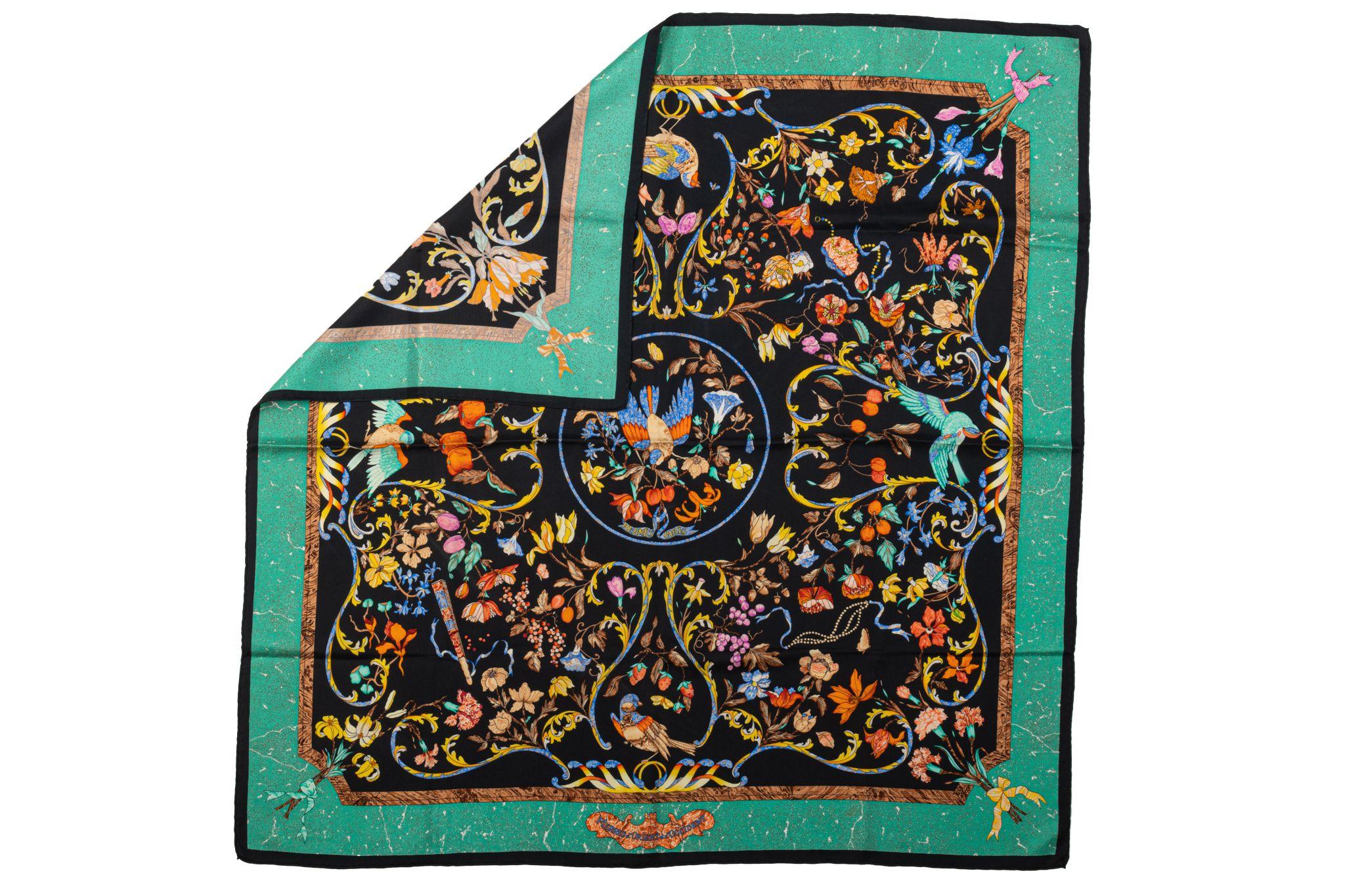 Hermès Pierres d’Orient et d’Occident silk scarf, green and black. Hand rolled edges. No care tag.