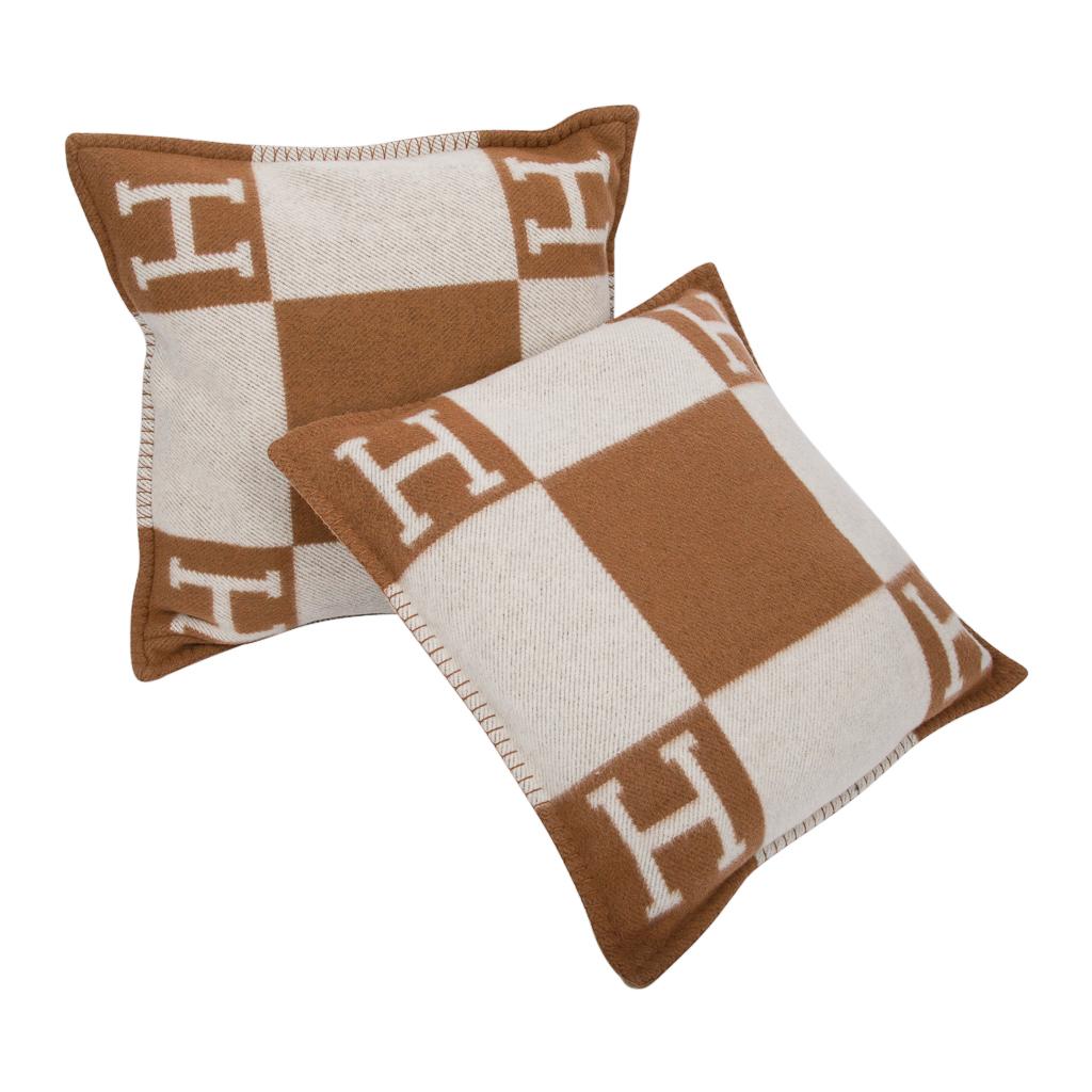 Beige Hermes Pillow Avalon PM Signature H Camel / Ecru Throw Cushion