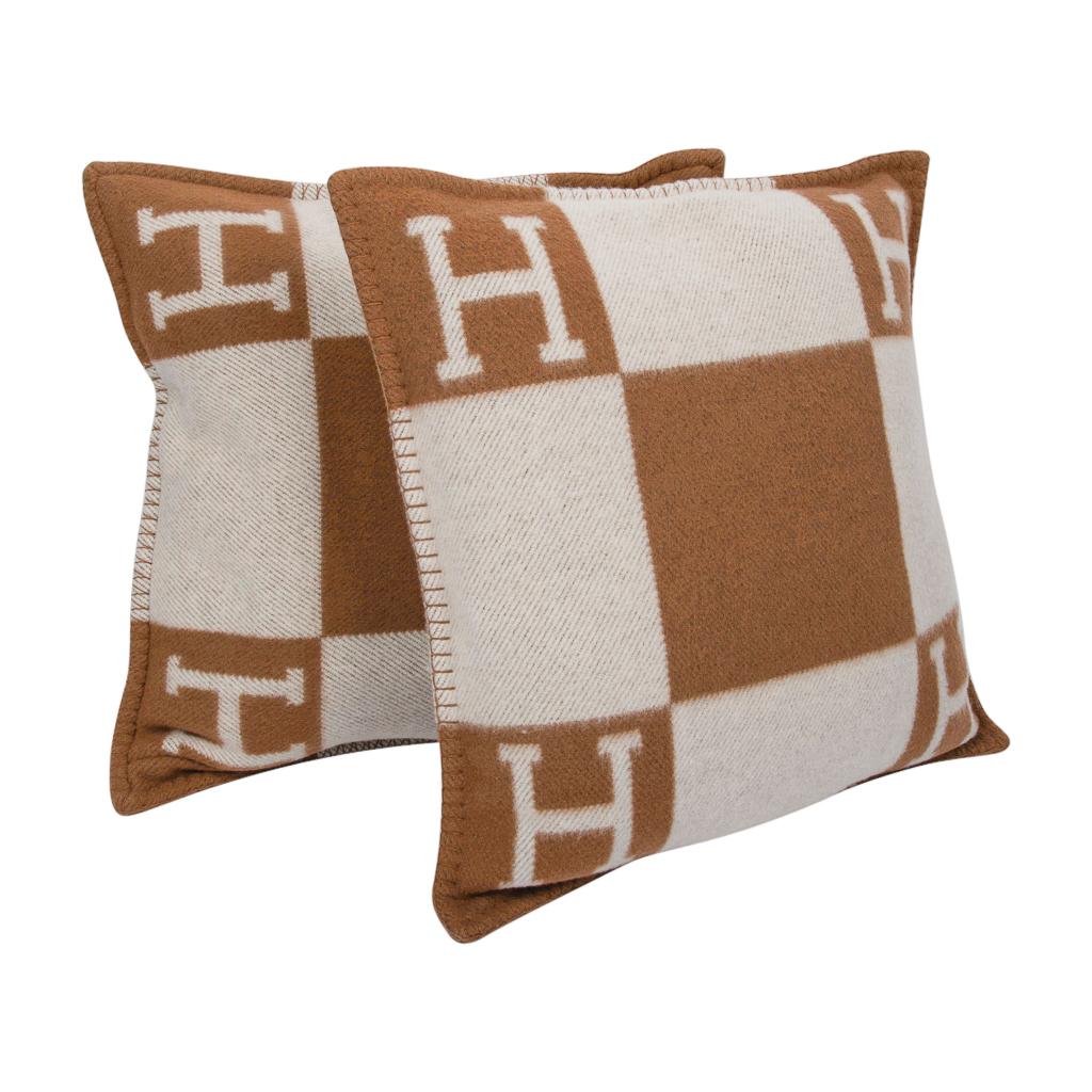 Beige Hermes Pillow Avalon PM Signature H Camel / Ecru Throw Cushion Set of Two New