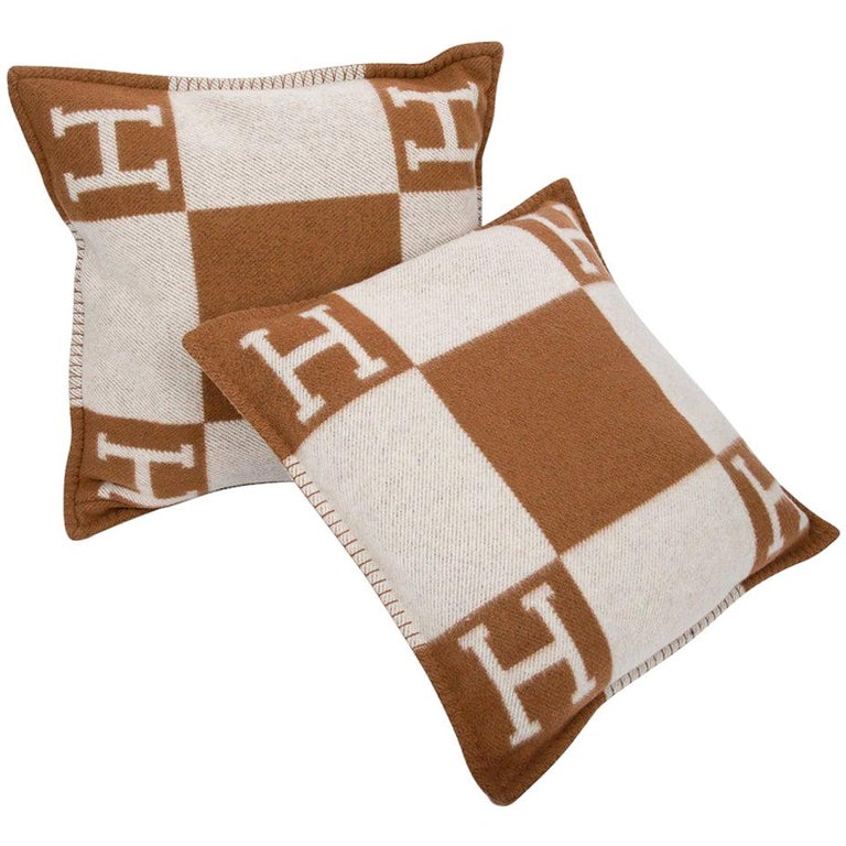 Hermes Pillow Avalon PM Signature H Camel / Ecru Throw Cushion Set of Two New at 1stDibs