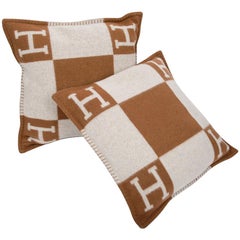 Hermes Pillow Avalon PM Signature H Camel / Ecru Throw Cushion Set of Two New