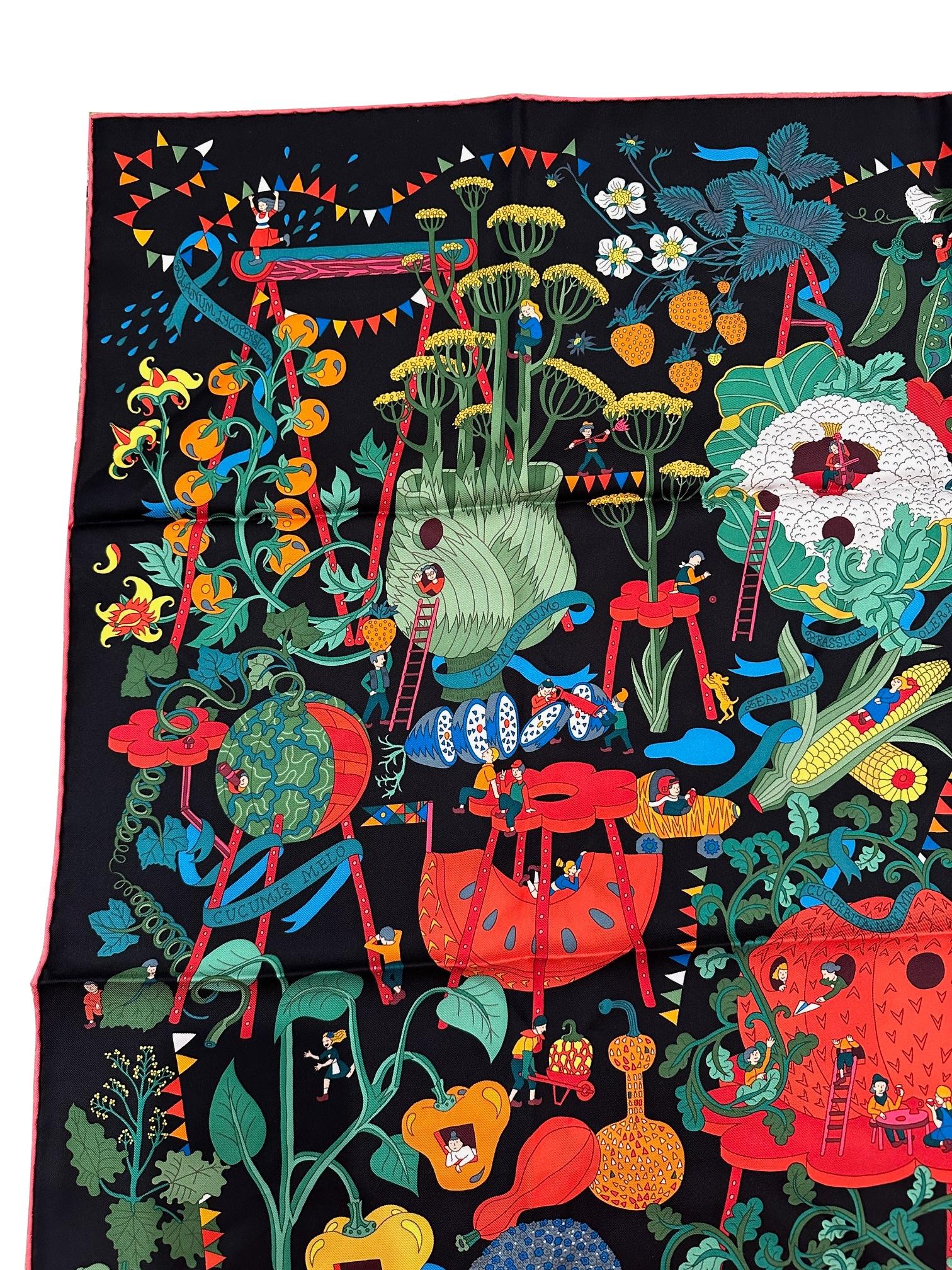 Hermès Pink & Black Le Potager Extraordinaire Silk Square Scarf von Pierre-Marie, 2014. Dieses unglaublich seltene und begehrte Design 
