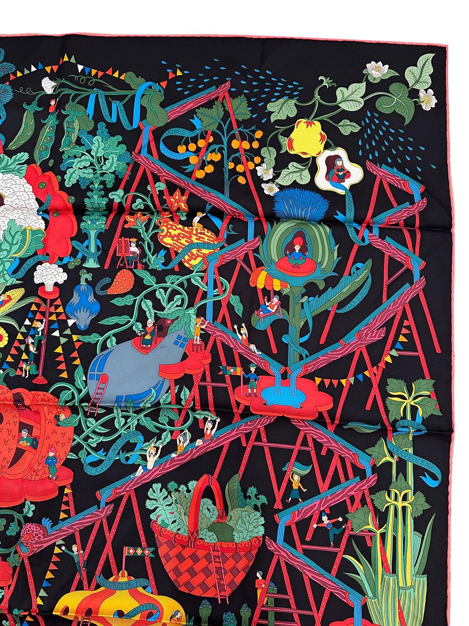 Hermès Rosa & Schwarz Le Potager Extraordinaire Quadratischer Seidenschal von Pierre-Marie für Damen oder Herren