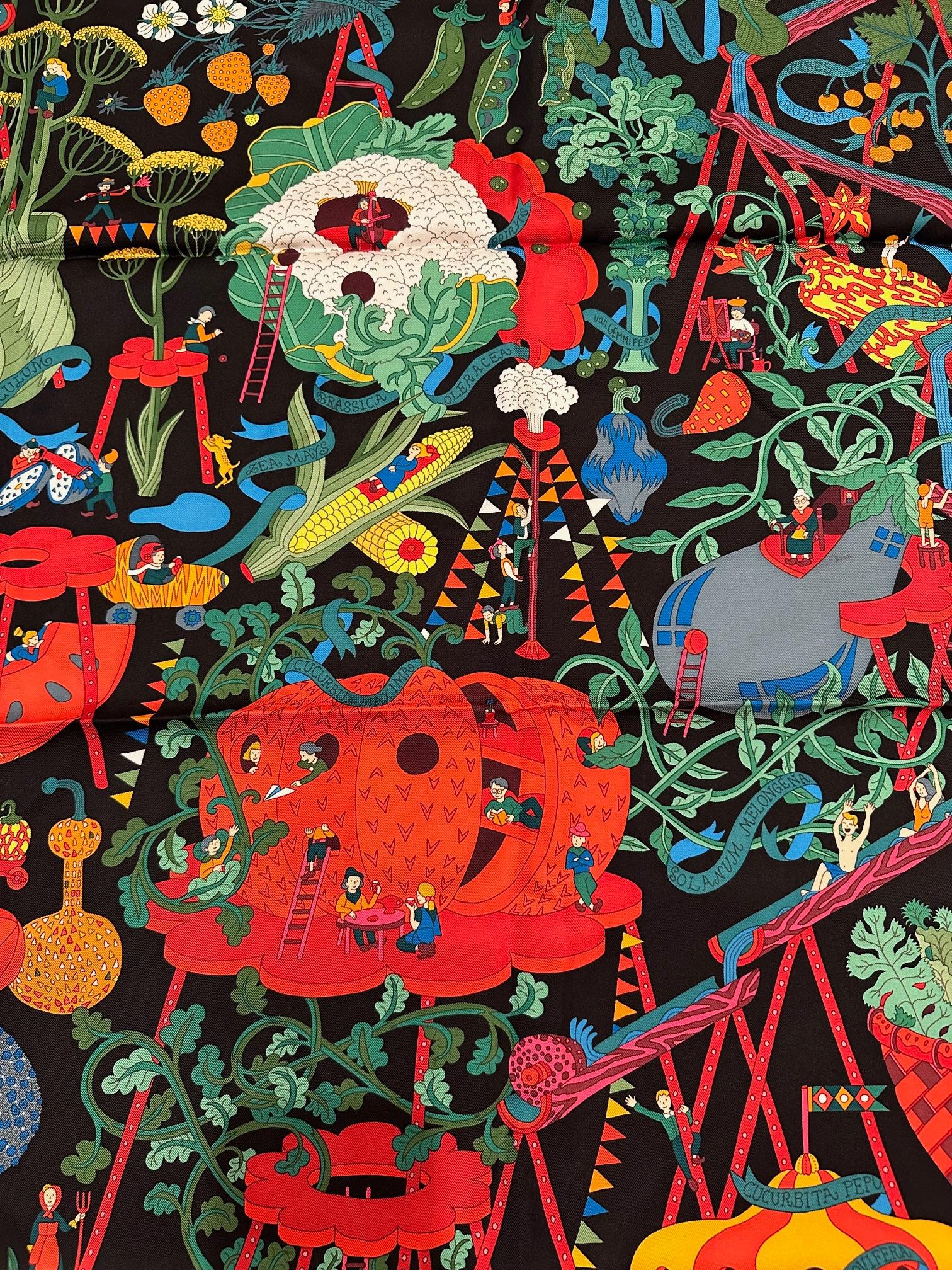 Hermès Rosa & Schwarz Le Potager Extraordinaire Quadratischer Seidenschal von Pierre-Marie 1
