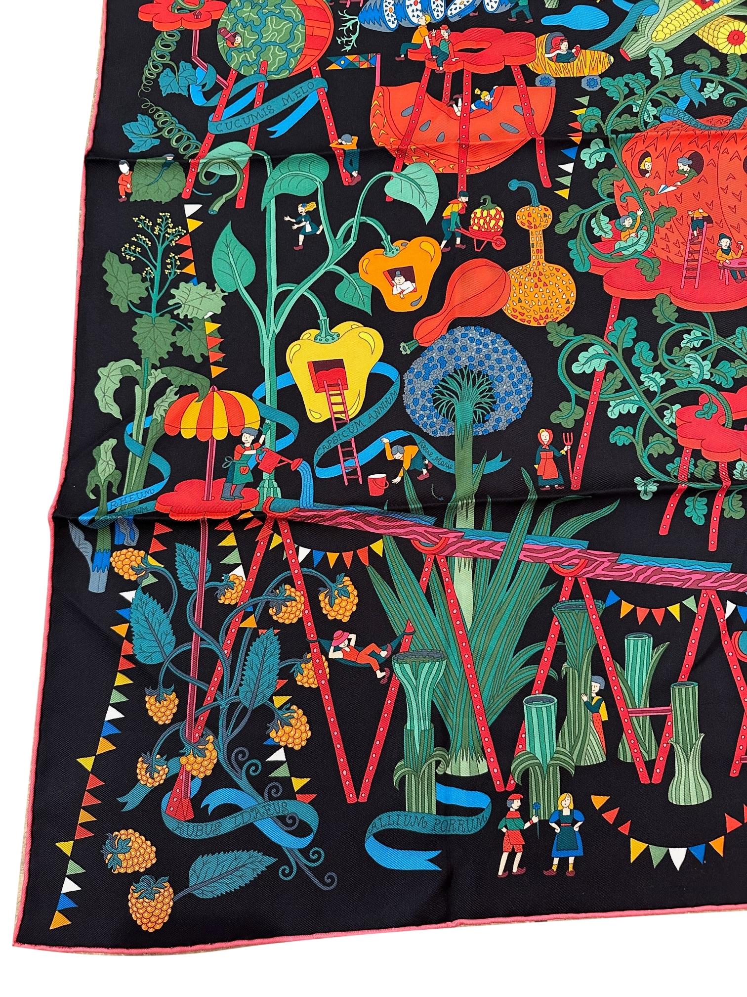 Hermès Rosa & Schwarz Le Potager Extraordinaire Quadratischer Seidenschal von Pierre-Marie 2